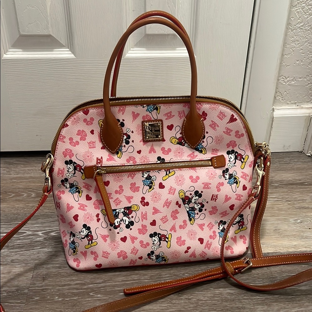 Dooney & Bourke Pink and Brown Satchel with Playful Dog Pattern